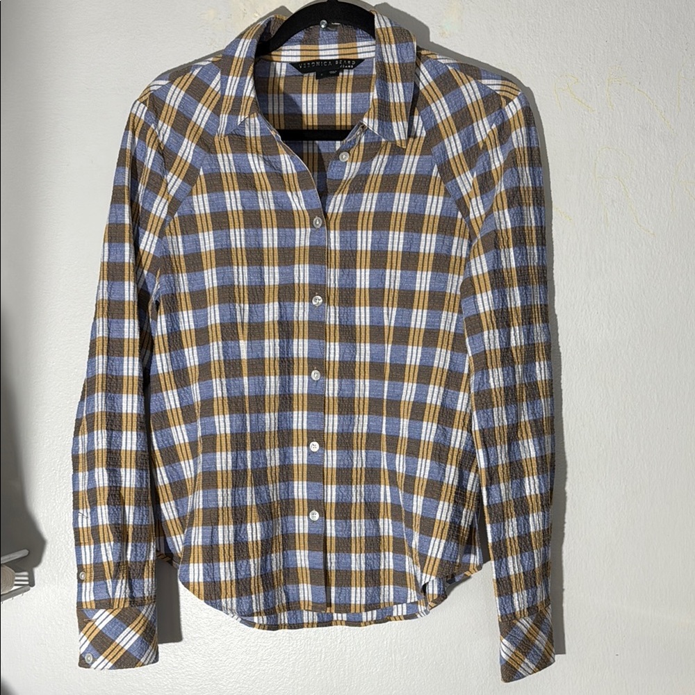 Veronica Beard Button down Blue and Brown Plaid Shirt Small